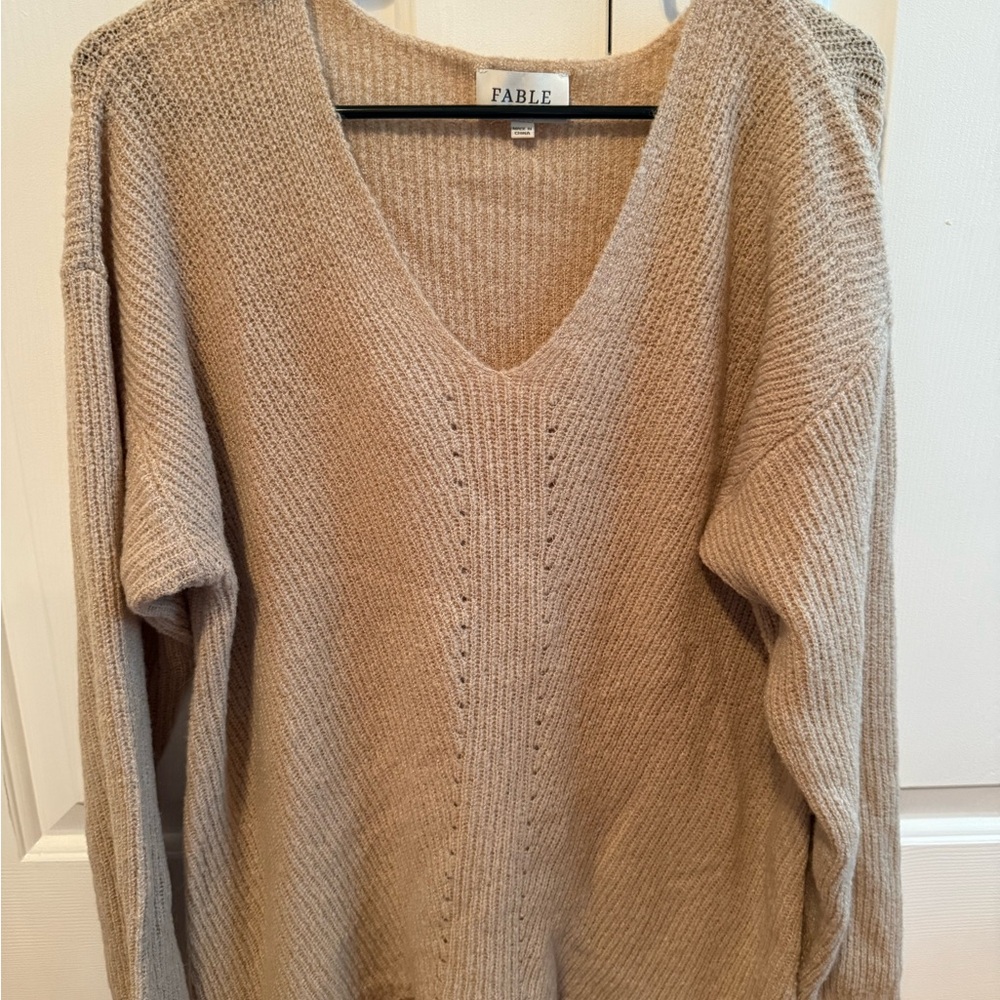 Fable Tan V-Neck Sweater Soft Knit